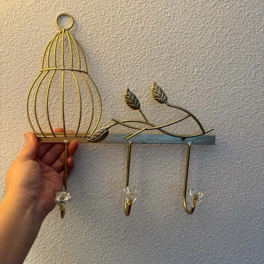 Gold Metal Wall Hook Rack with Bird Cage, Branches, and Diamonds